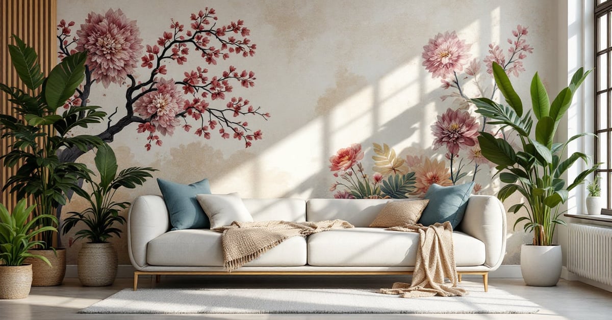 Décoration murale pour salon moderne avec cadres et éléments décoratifs en lumière naturelle