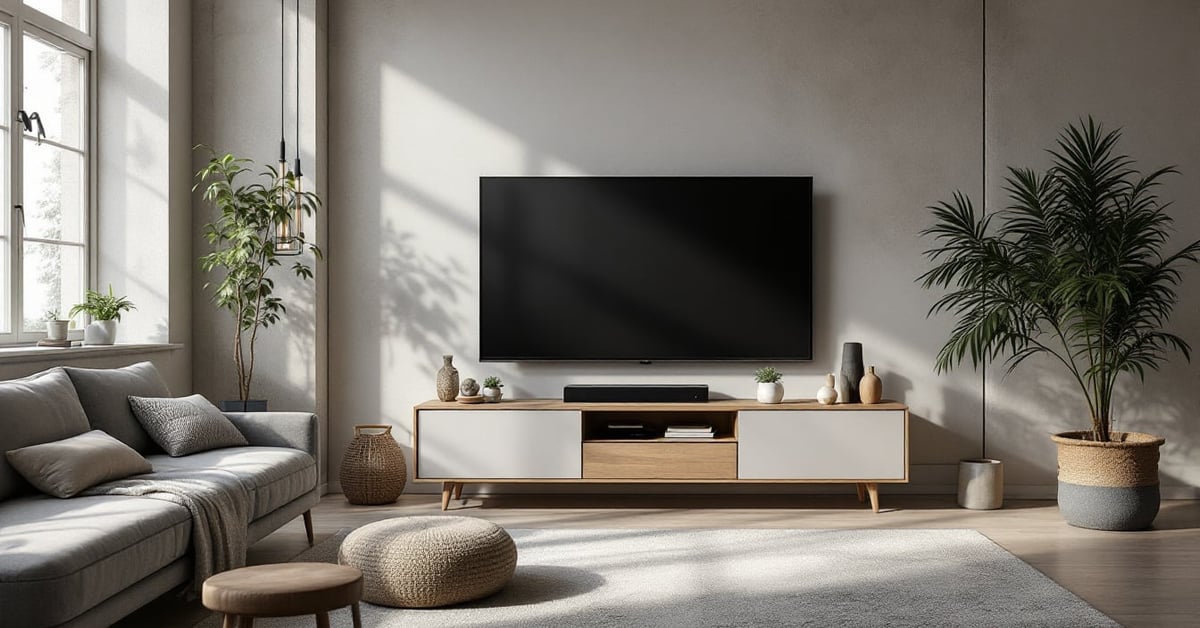 Design meuble télé moderne en bois et métal dans un salon contemporain épuré
