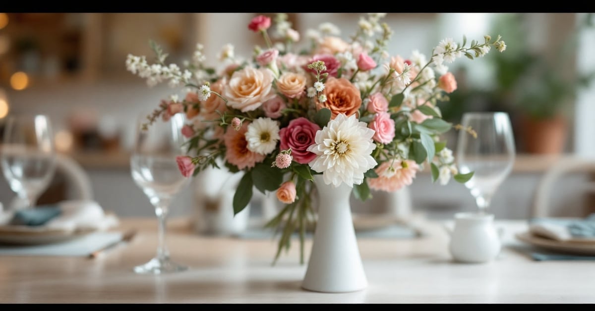Composition florale tendance dans un intérieur moderne avec fleurs fraîches et décoration contemporaine
