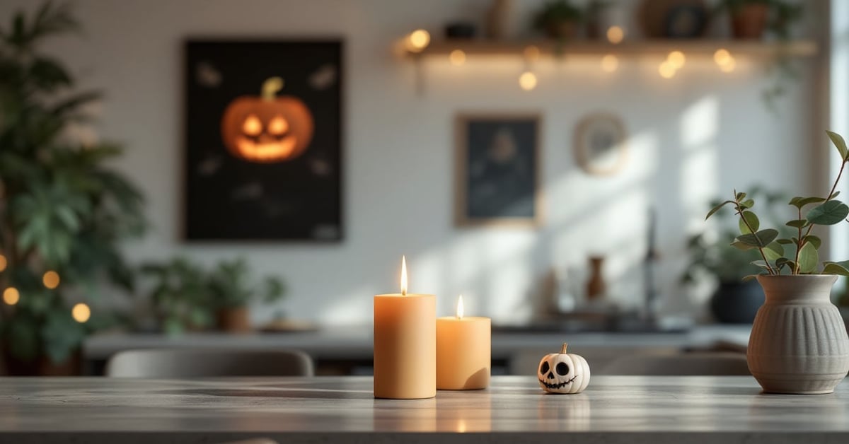 Déco Halloween maison : citrouilles sculptées et bougies sur un porche d'entrée