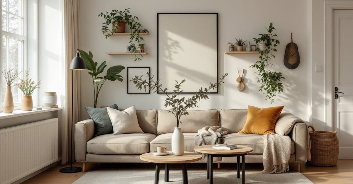Déco intérieur maison moderne avec salon lumineux aux tons neutres et mobilier contemporain épuré