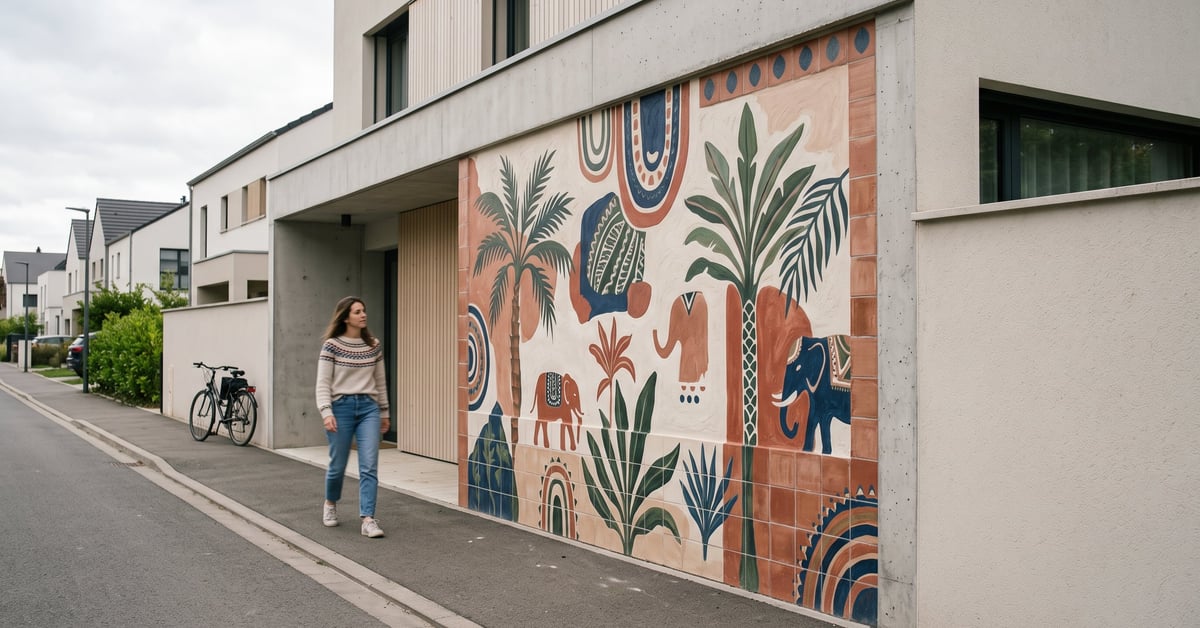 Déco murale Maisons du Monde : tableau, miroir et étagères stylés sur un mur moderne