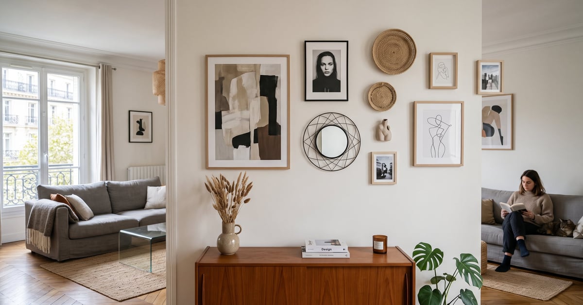 Déco murale salon tendance : mur élégant avec tableau et étagères modernes dans un intérieur contemporain