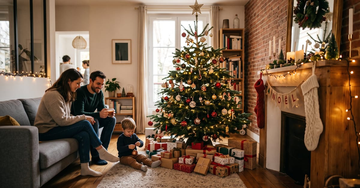 Décoration de Noël intérieure avec guirlandes lumineuses, sapin et ornements festifs dans un salon moderne