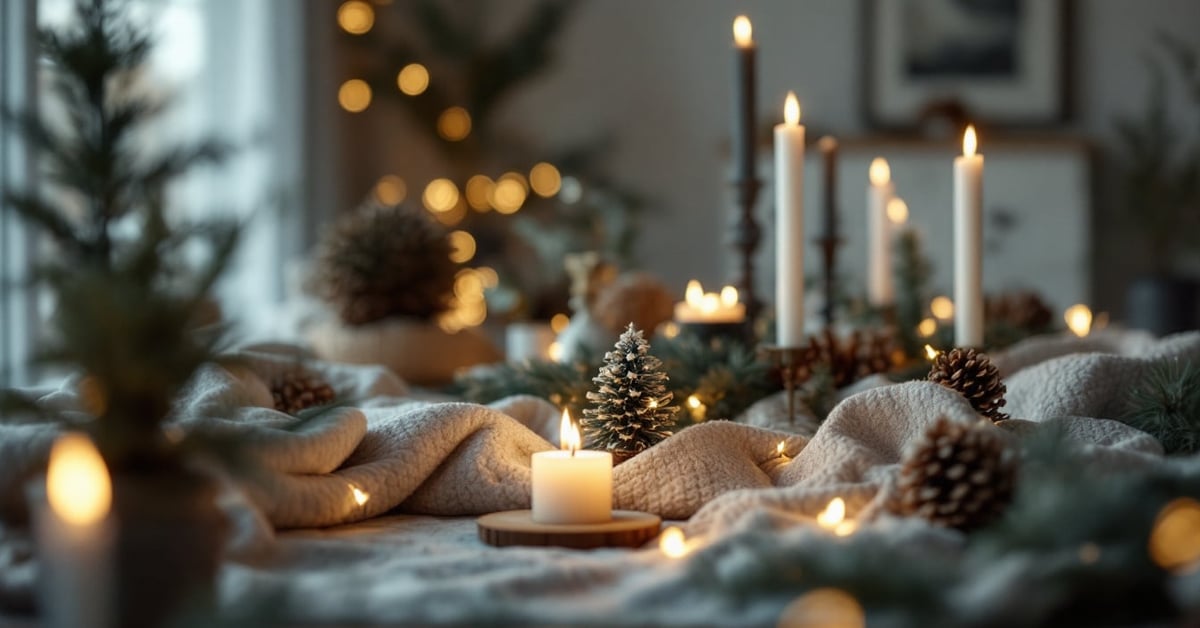 Décoration de Noël maison chaleureuse avec lumières dorées et ornements festifs pour un intérieur élégant