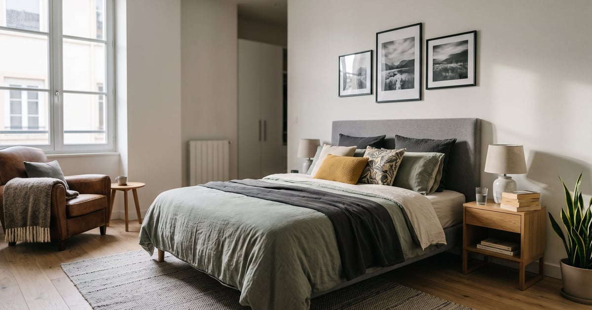 Idée déco chambre adulte moderne avec literie élégante, tons neutres et ambiance cosy et raffinée