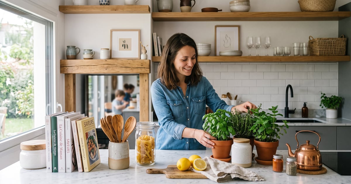 Idée déco pour cuisine moderne et épurée avec touches naturelles et rangements astucieux