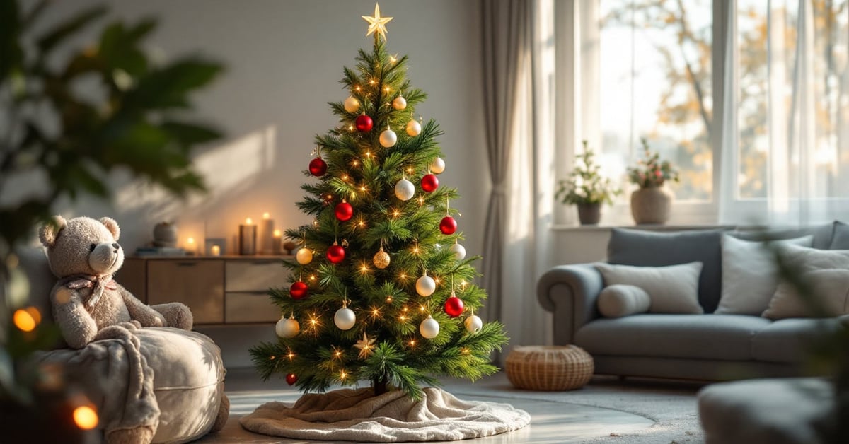 Idée déco sapin de Noël avec ornements élégants et guirlandes lumineuses dans un intérieur moderne