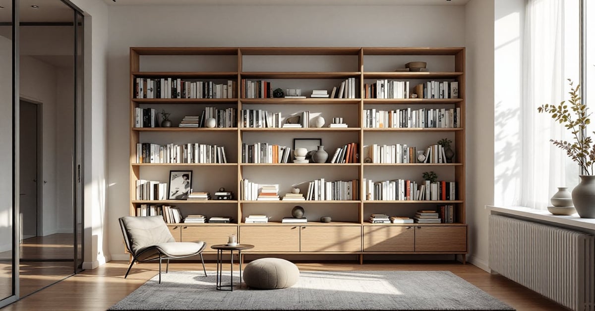 Bibliothèque meuble design moderne en bois clair avec étagères épurées dans un intérieur contemporain