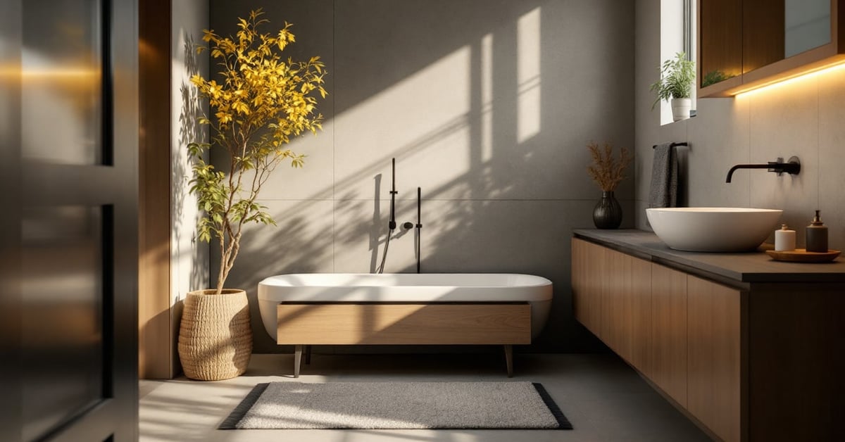 Déco tendance toilette moderne avec étagères, plantes et accessoires design épurés