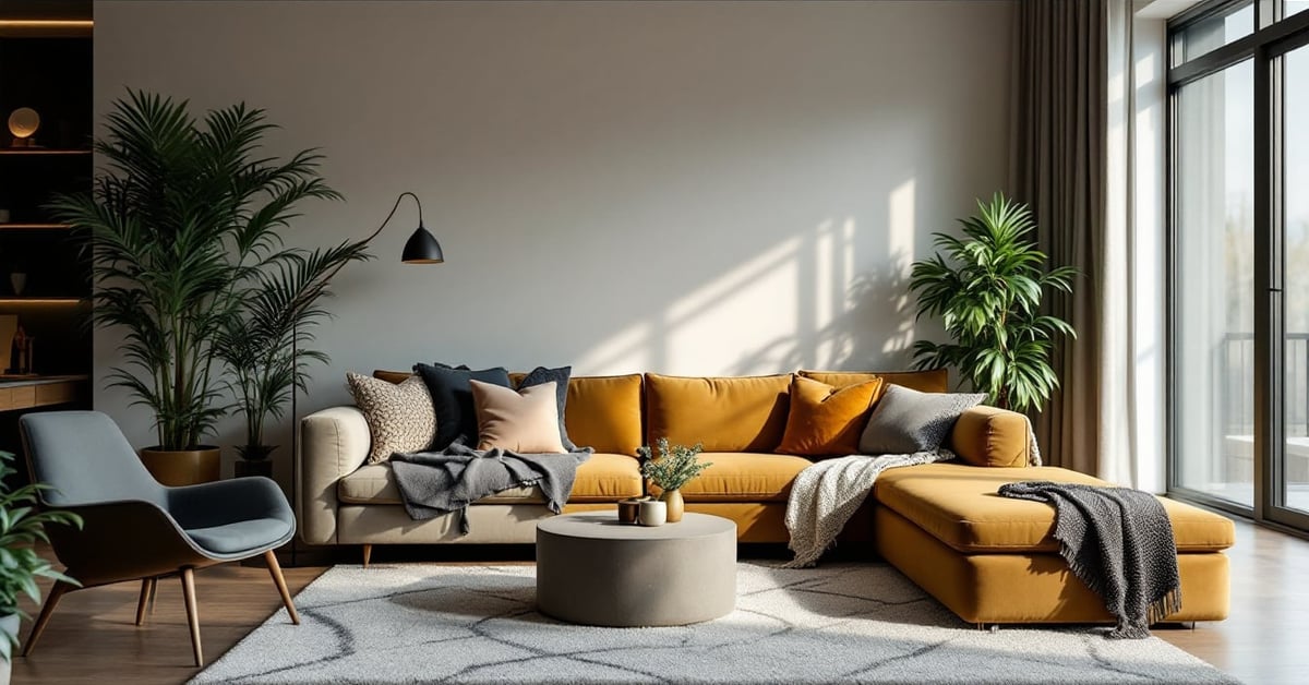 Salon moderne avec décoration intérieure élégante, mobilier contemporain et lumière naturelle