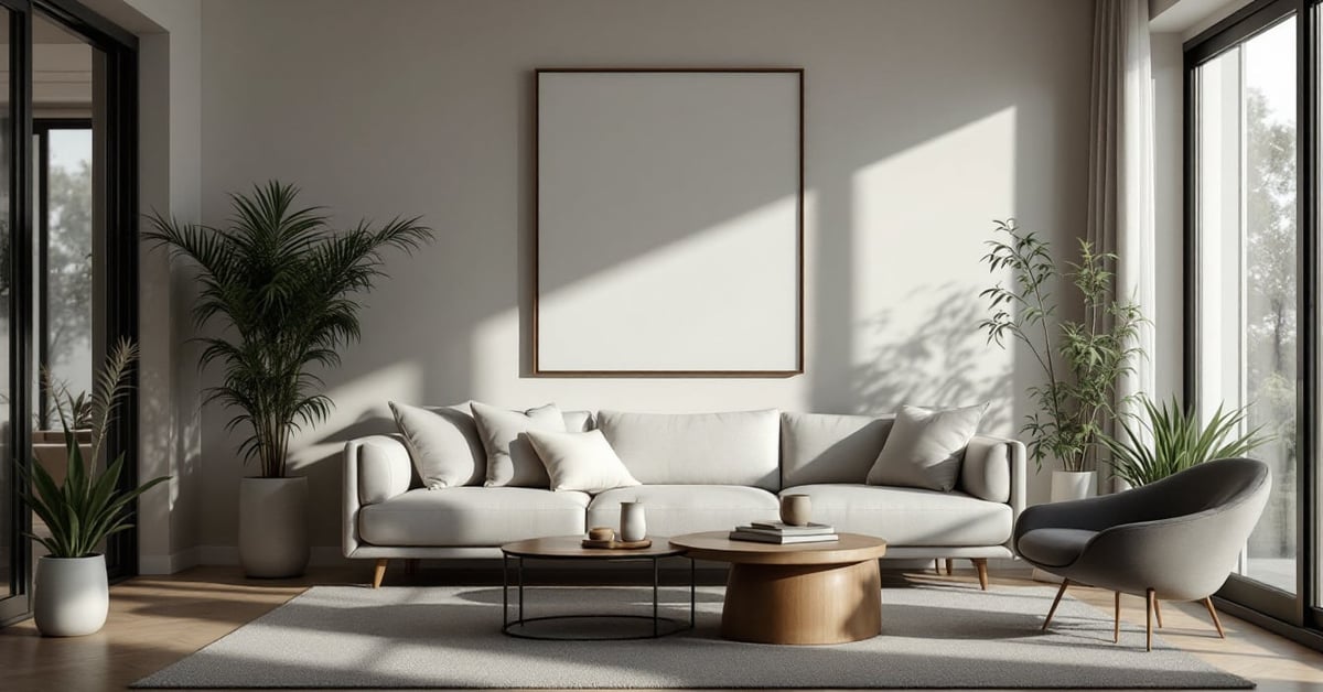 Salon moderne chic avec canapé design, tons neutres et décoration épurée pour une ambiance élégante