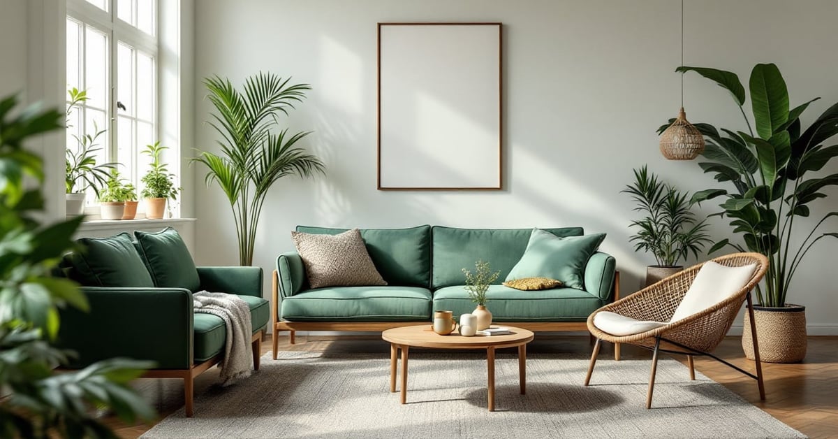 Salon moderne avec décoration vert et bois, ambiance naturelle et chaleureuse