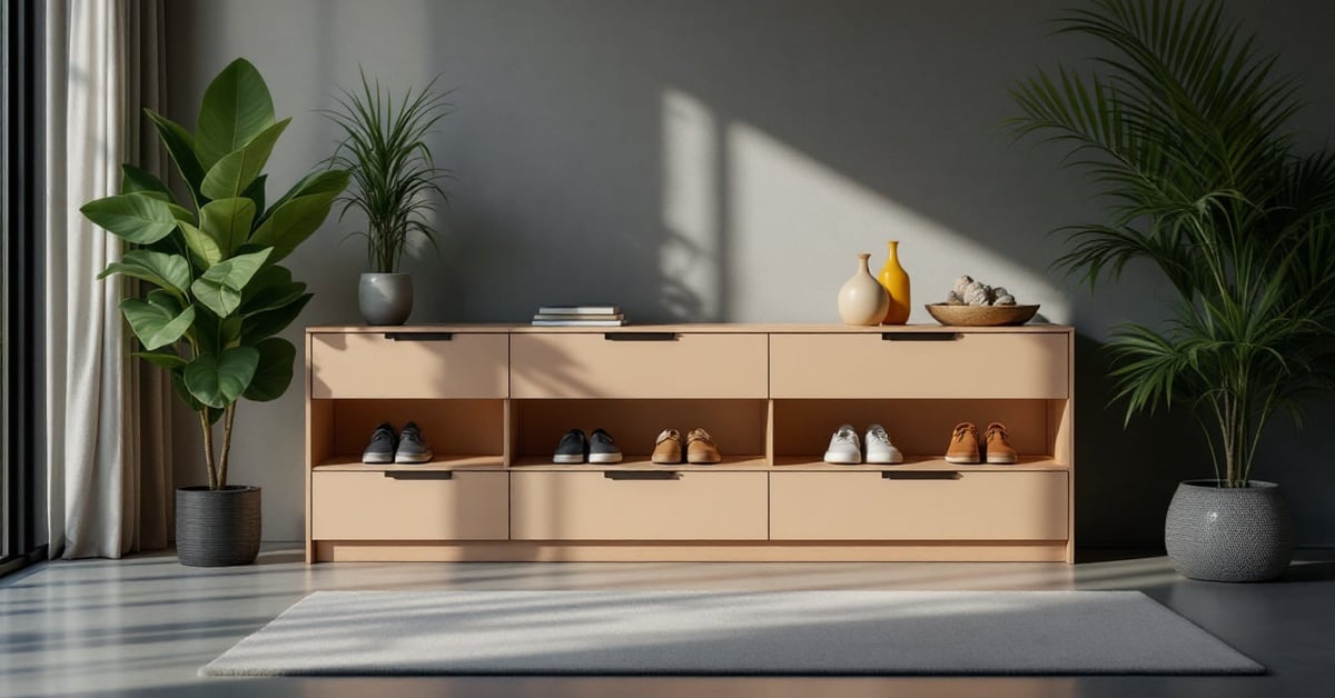 Meuble à chaussures design moderne en bois clair dans un intérieur épuré et contemporain