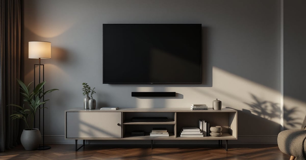 Meuble télé suspendu design en bois et métal noir dans un salon moderne épuré
