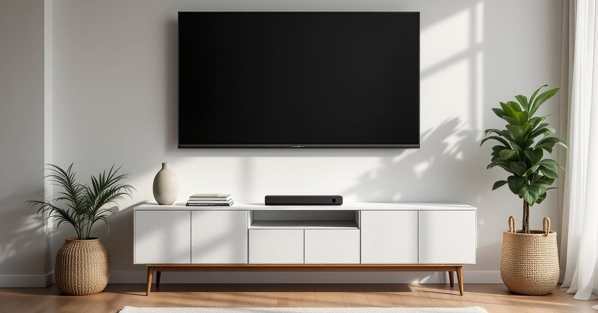 Meuble TV suspendu design en bois et noir mat dans un salon moderne et épuré